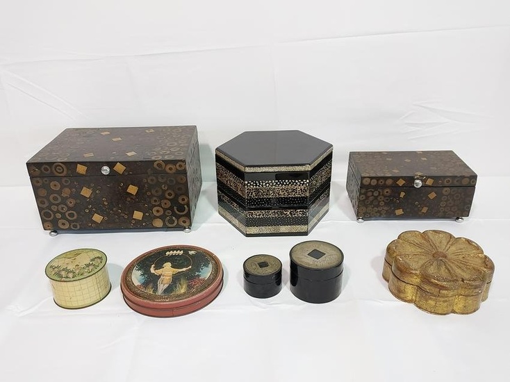 EIGHT DECORATIVE BOXES: LACQUER, RESIN, ETC.