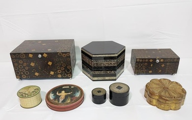 EIGHT DECORATIVE BOXES: LACQUER, RESIN, ETC.