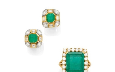 EMERALD AND DIAMOND RING WITH EARRINGS, ca. 1990....