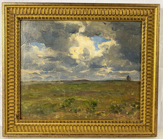 École du début du XXe siècle, Paysage nuageux. Huile sur panneau. 20 x 23 cm...