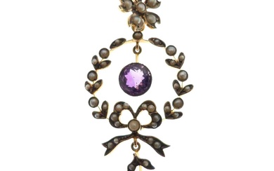 Edwardian '9ct' yellow metal, seed pearl and amethyst pendant