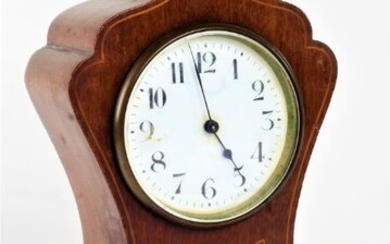 Edwardian mahogany mantel clock, of shaped form with boxwood inlay, white enamel dial with arabic