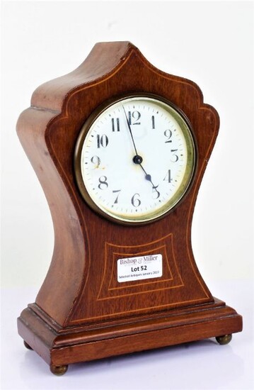 Edwardian mahogany mantel clock, of shaped form with boxwood inlay, white enamel dial with arabic