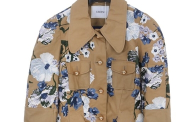 Erdem: A light brown jacket with flower print in blue and green colors, two pockets, gold buttons, large collar and blue silk lining inside. Size 42 (FR)