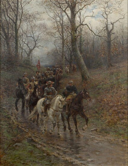 Ernest Crofts, RA, British 1847-1911- Cavaliers riding on a woodland track; oil on canvas, signed and dated 'E. Crofts 1905.' (lower right), 129 x 100 cm. Provenance: With Rayner MacConnal, London.; Private Collection, UK. Note: The present work...