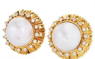 Estate Sunflower Diamond Pearl 18k Gold Clip-on Stud Earrings