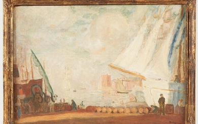 Eugène Antoine DURENNE (1860-1944) Entrée de port Huile sur toile signée en bas à droite...