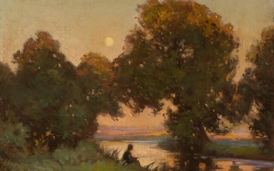 Eugène FOREL (1858-1938) Pêcheur au crépuscule, Jalle de Saint-Médard, 1911 Huile sur toile signée et...