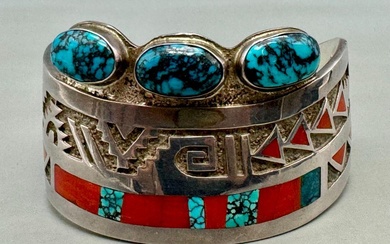 Exquisite Turquoise And Coral Inlay Bracelet By Michael Perry