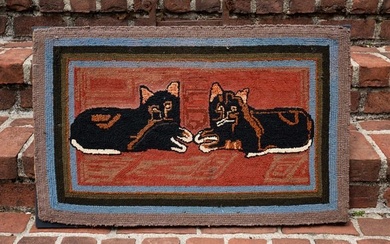 FOLK ART HOOKED RUG WITH CATS.