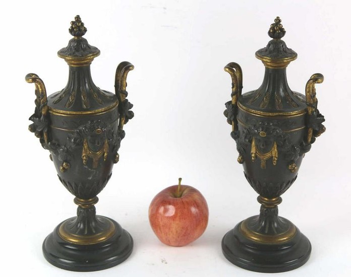 FRENCH FINE ANTIQUE BRONZE TWIN HANDLED URNS