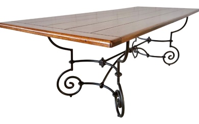 FRENCH OAK WROUGHT IRON AND OAK DINING TABLE