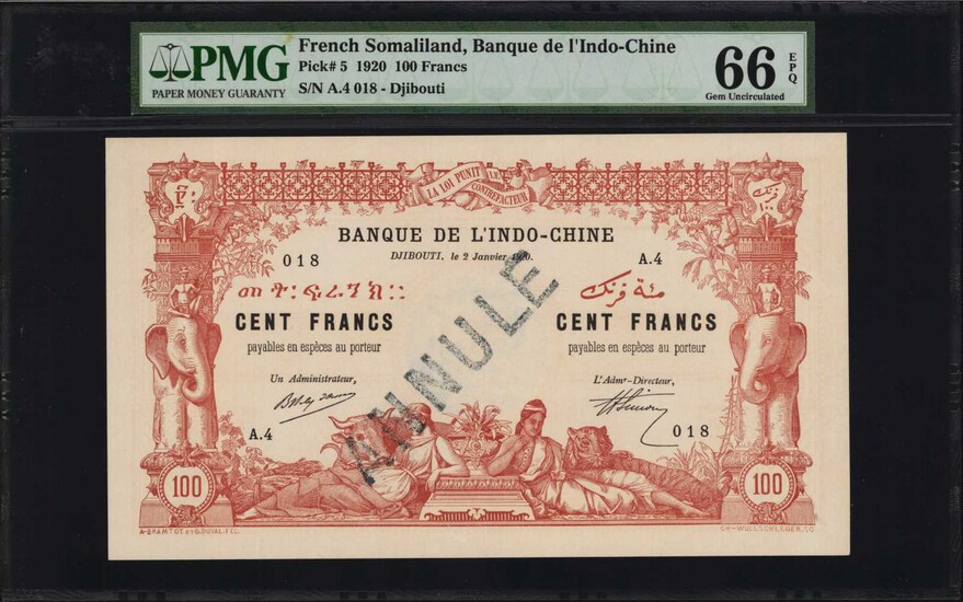 FRENCH SOMALILAND. Banque de L'Indo-Chine. 100 Francs, 1920. P-5. PMG Gem Uncirculated 66 EPQ.