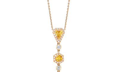 Fancy Vivid Orange-Yellow Diamond, Fancy Vivid Orangy Yellow Diamond and Diamond Pendent Necklace