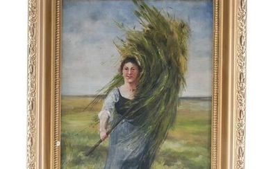 Farmer with Pitchfork, Oil on Canvas Painting