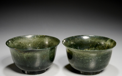 Fine pair Chinese spinach green jade bowls