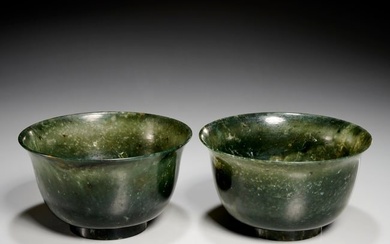 Fine pair Chinese spinach green jade bowls