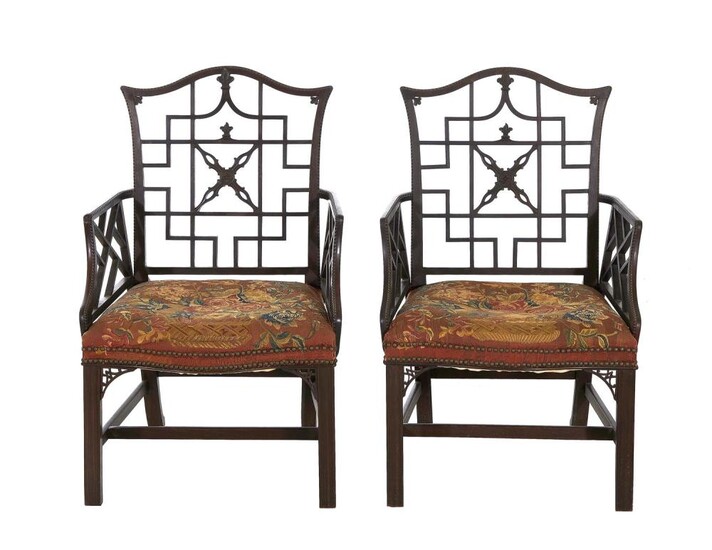 *Fine pair George II carved mahogany armchairs covered in Soho tapestry (2pcs)