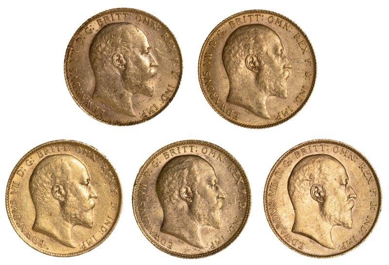 Five Edward VII sovereigns, comprising: 1902 Melbourne Mint; 1902; 1904; 1907; 1910 (5)