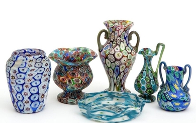 Five Millefiori vases and saucer by Fratelli Toso