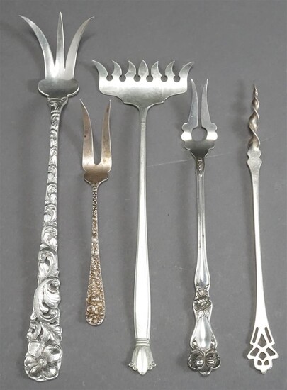 Four Sterling Silver Forks and a Sterling Silver Olive Pick, 2.9 oz