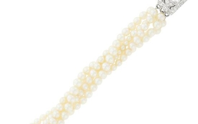 Four Strand Cultured Pearl Torsade Bracelet with Platinum and Diamond Clasp