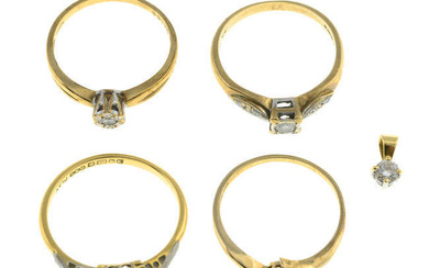 Four gold diamond rings & diamond pendant