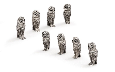Four pairs of sterling silver owl shakers, 20th century