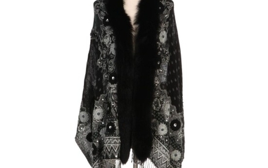 Fox Fur Trimmed and Beaded Black Floral Shawl with Furrier Tag