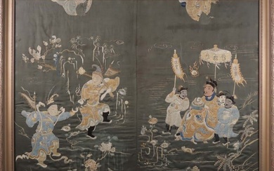 Framed Chinese Silk Embroidered Panel "Dancing in the Landscape", 19th Century