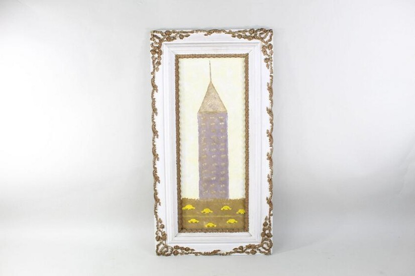 Framed Naive NYC New York City Skyscraper Taxi Painting