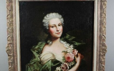 Framed Oil On Canvasof Woman W/ Flowers