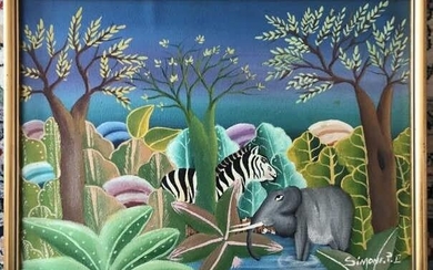 Framed Signed Oil Painting w Zebra & Elephant