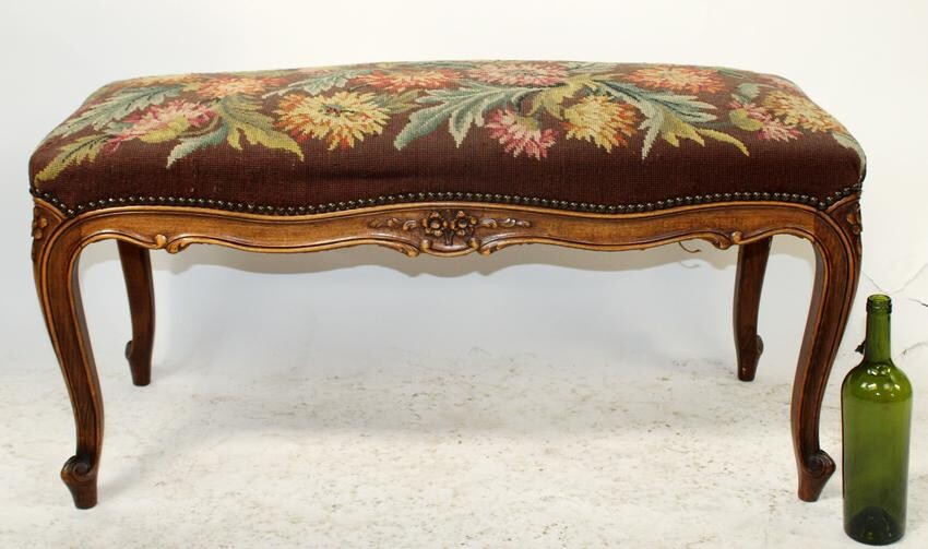French Louis XV carved walnut bench with needlepoint