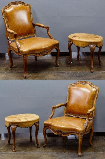 French Provincial Style Leather Chair and Ottoman
