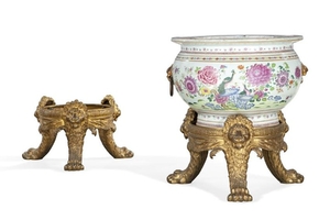 French bronze stands and a Chinese jardiniere