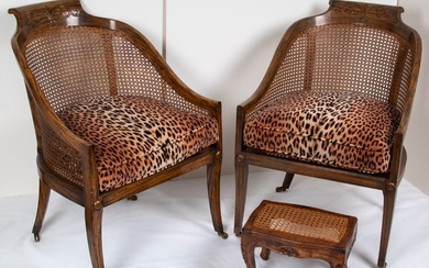 Furniture: Vintage cane-back chairs and footstool (three)