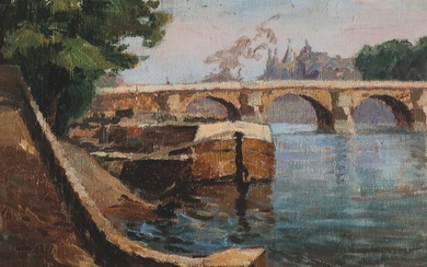 GASTON KNECHT (1875-1968). Paris, le port Saint-Nicolas, le pont Neuf, c. 1940. Huile sur carton,...