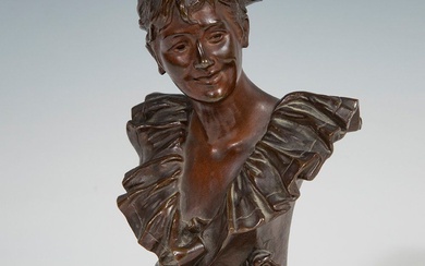GEORGES VAN DER STRAETEN (Belgique, 1856-1941). "Buste d'un jeune homme". Bronze patiné sur socle en...