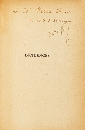 GIDE. Incidences. 1924. Envoi autographe signé de Gide à Robert Proust.