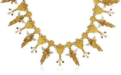 GOLD, DIAMOND AND RUBY NECKLACE AND EARRINGS