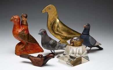 GROUP OF FIGURAL BIRDS AND DOG INKWELL.