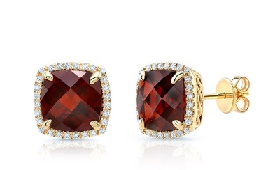 Garnet Cushion And Pave Diamond Earrings In 14k Yellow Gold (1/5 Ct. Tw.)