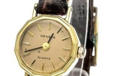 Geneve ladies quartz watch, 585/000 GG, 12 square case, gold dial with gilded bar indexes, blackened