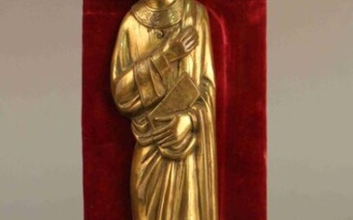 Gilded embossed bronze wall lamp STATUTE depicting a holy figure holding a book. Enamelled eyes. Gothic style. Height : 25 cm