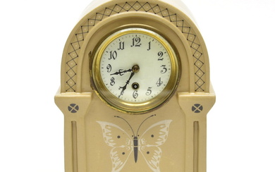 Glazed earthenware Art Nouveau mantleclock with enamelled dial & decoration...