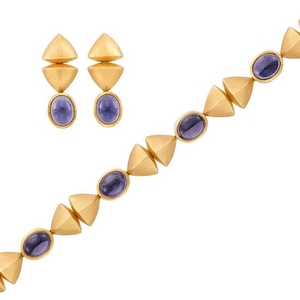Gold, Cabochon Iolite Bracelet and Pair of Pendant-Earrings