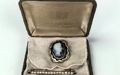 Gold Framed Shell Cameo Brooch and Pin with Pearl and 14K Gold