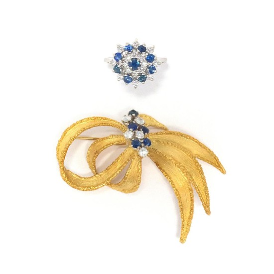 Gold, Sapphire and Diamond Bow Brooch and White Gold, Sapphire and Diamond Ring