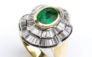 Gold, emerald and diamonds ring 18k white and yellow gold, Italian handmade ballerina style, set...